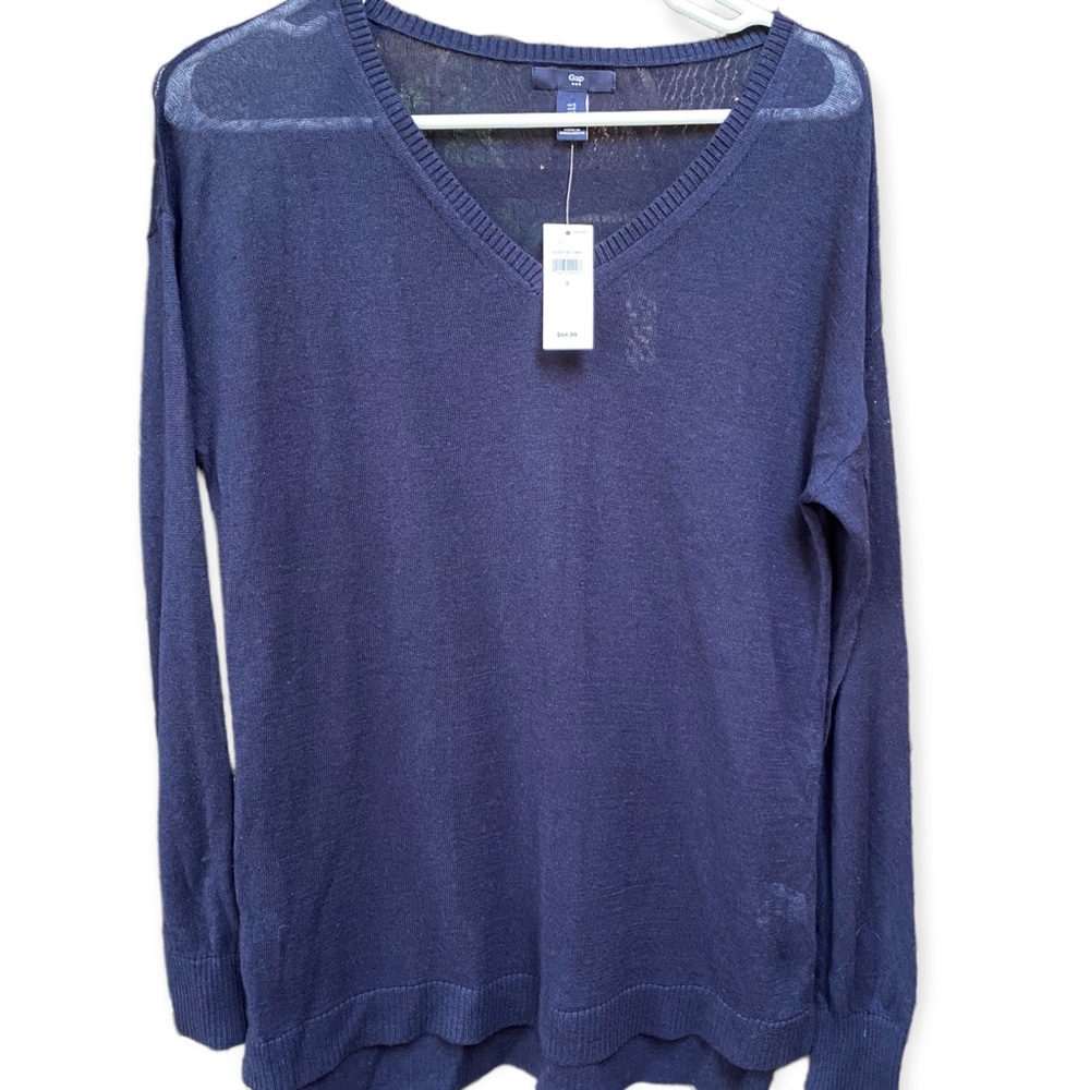NWT Gap Navy Blue V Neck Sweater 55% Linen 45% Cotton Size S